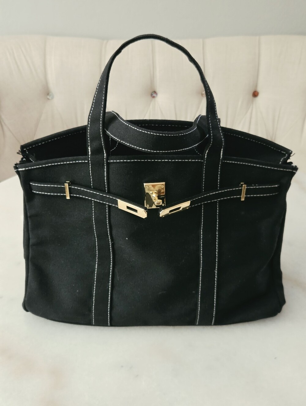 Black Canvas Boatkin Tote With White Stitching And Gold Hardware - Picture 2 of 16